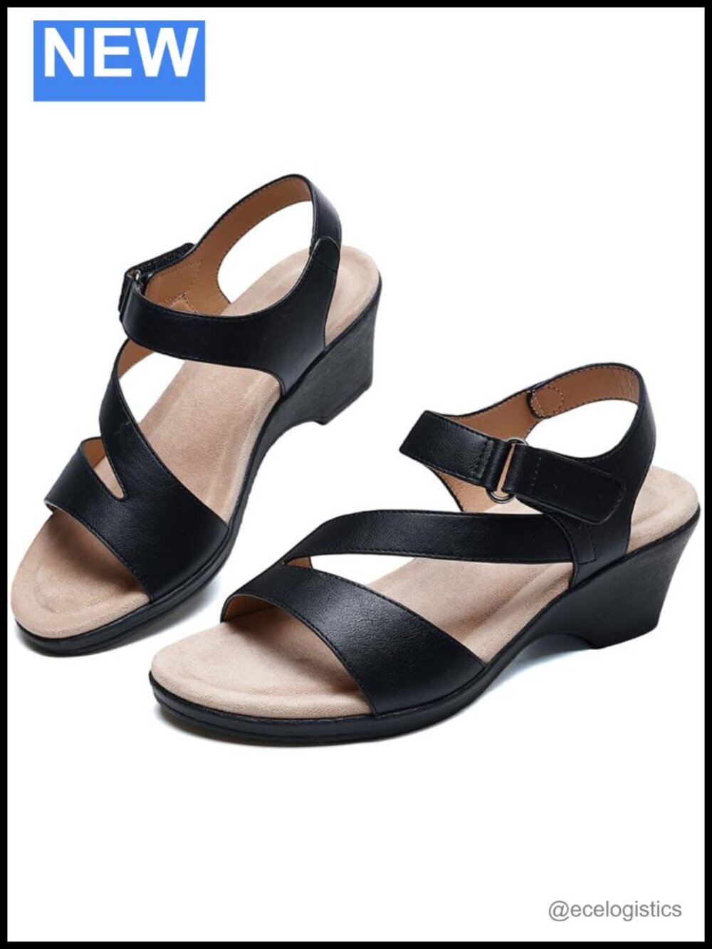 Wedge Sandals with Hook-and-Loop Strap, Wide Toe Box, Arch Support, Non-Slip